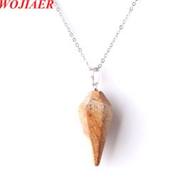 WOJIAER Hexagonal Pyramid Pendant Necklace Natural Picture Jasper Gem Stone Reiki Chakra Dangle Beads Jewellery Z9093