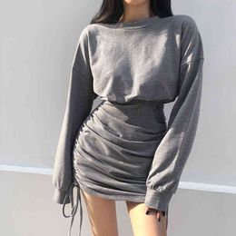 Streetwear Solid Side Drawstring Black Sexy Short Dress Women Autumn Long Sleeves Bodycon Gray Mini Dresses Party Vestidos 210415