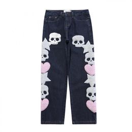 Men's Jeans Fashion Skull Graphic Embroidery Ripped Y2k Mens Pants Harajuku Vibe Style Streetwear Oversize Casual Denim Trousers
