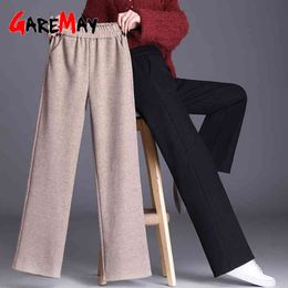 Women's Woolen Pants Khaki Office Lady Women Trousers Plus Size Autumn Winter High Waisted Casual Suit Wool Wide Leg 210428