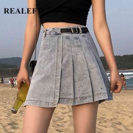 Summer Women's Denim Pleated Skirts High Waist Skater Mini Sashes Jeans Female Shorts A-Line Saia 210428