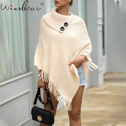 Autumn Winter Tassels Poncho Women Button Solid Knitted Ladies Sweater Casual Simple Cape Coat Femme C06402B 210421