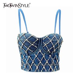 Sexy Patchwork Buckle Denim Vests For Women Square Collar Sleeveless Short Camis Female Summer Fashion Clothes 210524