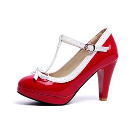 Plus Size 32-48 Women Summer high heels shoes Woman t-strap bowknot pumps lady daily work dress Footwear