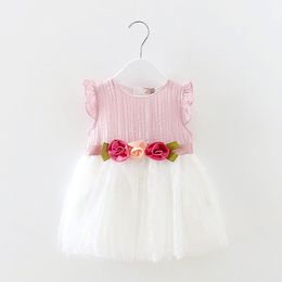 Baby Toddlers Infant Dresses Ruffles Kids Girls Dress with Three Flowers Ball Gown white pink purple 2-5Y Q0716