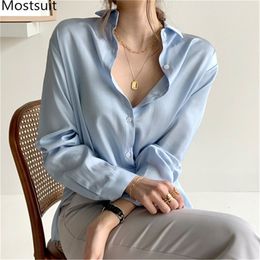 Autumn Korean Solid Satin Blouses Shirts Women Long Sleeve Turn-down Collar Fashion Office Workwear Tops Blusas Mujer 210513