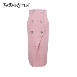 Knitted Patchwork Diamond Skirt For Women High Waist Slim Split Skirts Female Fashion Clothing Autumn 210521