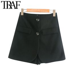 TRAF Women Chic Fashion Double Button Shorts Skirts Vintage High Waist Office Wear Female Skort Mujer 210415