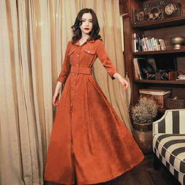 Spring Button Up Women Long Dress Vintage Solid Color A-Line Three Quarter Sleeve Sashes Turn Down Collar Ladies Dresses 210521