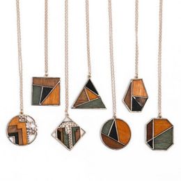 Pendant Necklaces Abstract Art Geometric Block Colored Natural Wooden Necklace For Women 2021 Fashion Long Chain Wood Designer Jewelry Whole