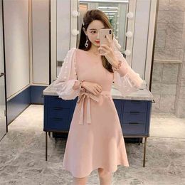 Autumn Winter Women's Knitting Chiffon Patchwork Elegant High Waist Sweet Bow Lace Up Long Sleeve Casual Sweater Dress Vestidos 210514