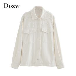 Pearl Decorate Chic Stylish Jacket Women Batwing Long Sleeve Loose White Coat Female Baggy Lady Jackets Outerwear Autumn 210515