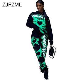 Pattern Print Streetwear Tracksuit Women's Costumes Hooded Drawstring Long Sleeve Hoodie and Sporty Sweatpant Casual 2 Pcs Sets Y0625