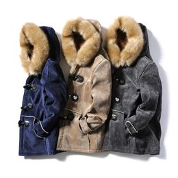 Mens Pea Coats Men Horns Buckle Down Jacket Winter Trench Long Outwear Button Smart Overcoat Parkas Vintage Slim