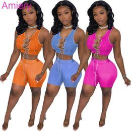 Summer Women Sleeveless Tracksuits Designer Sexy Hollow Out Open Top Bandage Two Piece Suit Navel Vest T-shirt Shorts Outfits Solid Color a001