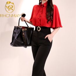 Summer Office Ladies 2 Piece Pants Set Women Half Sleeve Chiffon Cloak shirt Tops + Slim Belt Ankle length Trousers Suit 210506