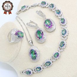 Multi Rainbow Silver Color Jewelry Set for Women Wedding Bracelet Earrings Necklace Pendant Ring Birthday Gift free Box H1022