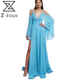 Women Dress V-Neck Flare Sleeve Split Vintage Sexy Dresses Hollow Out Plus Size Blue Long Summer Clothes 210513