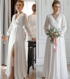 2022 Beach Country Wedding Dresses Bridal Gown A Line V Neck Long Sleeves Side Slit Chiffon Floor Length Custom Made Plus Size vestidos de novia