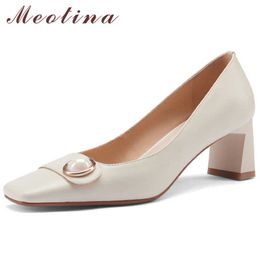Meotina Natural Genuine Leather Women Shoes High Heels Chunky Heel Shoes Square Toe Pumps Office Ladies Footwear Beige Size 40 210608