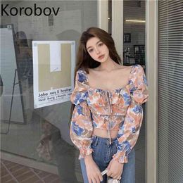 Korobov Summer Women Shirts Korean Square Collar Puff Long Sleeve Chic Shirts Vintage Elegant Slim Short Chiffon Blusas Mujer 210430