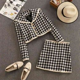 High Quality Spring Women 2 Piece Set Tweed Jacket Short Coat + Elegant Fashion Waist Skirt Suits Houndstooth Two 210514