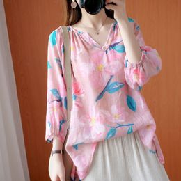 Oversized Women Summer Loose Casual Blouses New Arrival Simple Style Vintage Print V-neck Female Cotton Linen Tops S3224 210412