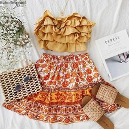 INSPIRED orange multi floral print mini skirt ruffling skirts womens elastic waist spring summer skirt chic new faldas 210412