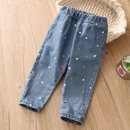 Casual Spring Autumn 2 3 4 6 8 9 10 Years Children Pocket Elastic Cotton Dot Loose Big Size Denim Jeans For Kids Baby Girls 210529