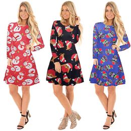 New Year Ladies Christmas Dresses Casual Cartoon Print Santa Claus O Neck Long Sleeve Mini Dress Vestido Plus Size Party Dresses 210412