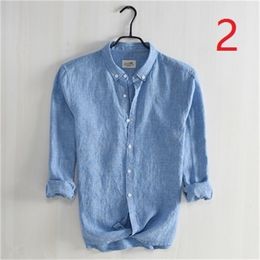 Houndstooth linen long-sleeved shirt men's Japanese retro slim plaid youth breathable cotton men 210420