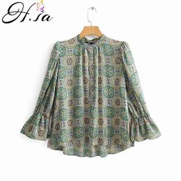 Summer Blouse for Women Green Vintage Loose Tops Oneck Circle Printed Shirts Floral Fashion Jumpers 210430