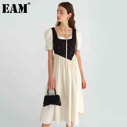 [EAM] Women Beige Print Ruffles Spliced Dress Square Neck Puff Sleeve Loose Fit Fashion Spring Summer 1DD6872 21512
