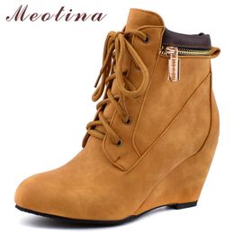 Meotina Winter Ankle Boots Women Zipper Wedge High Heels Short Boots Lace Up Round Toe Shoes Female Autumn Large Size 34-46 210608