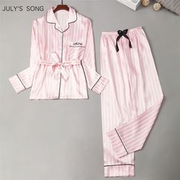 JULY'S SONG New Faux Silk Women Pyjamas Set 2 Pieces Satin Stripes Polka Dot Printed Sleepwear Long Sleeves Autumn Homewear 210330