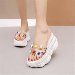 Slippers Women Summer Thick Bottom Fashion Peep Toe Slip Breathable Increasing Crystal Leisure Muffin Shoe Pink