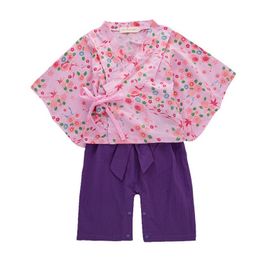 Floral Baby Girls Sets Kimono Romper Suits Overalls Shirt outfits 100% Cotton Cherry blossoms Japan baby girl clothes 210413