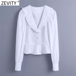 Women Sweet Agaric Lace White Smock Blouse Office Ladies Puff Sleeve Diamond Buttons Shirts Chic Blusas Tops LS7709 210416