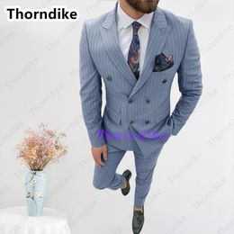 Men's Suits & Blazers Thorndike Costume Homme Gentleman Double Breasted Terno Slim Fit Business Male Suit Groom Tuxedos Dress Pin Stripe Wed