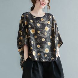 Oversized Women Loose Casual T-shirts New Arrival Summer Vintage Style Floral Print Female Cotton Linen Tops Tees S3529 210412