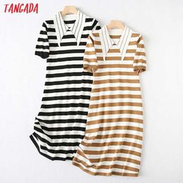 Tangada Summer Fashion Women Elegant Striped Pattern Knit Dress Short Sleeve Peter Pan Neck Ladies Midi Dress YU38 210609