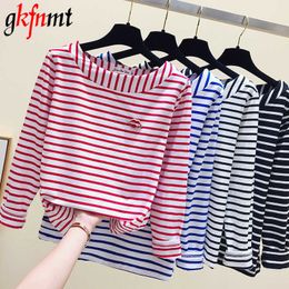 Cotton T-shirt Women 2021 New Autumn Long Sleeve O-Neck Female T Shirt White Striped Casual Basic Classic Lips Top Poleras Mujer X0628