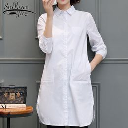 Shirt Autumn Women Plus Size Button Solid Blouses Feminine Tops Long White Cotton s Pockets 6460 50 210508