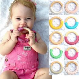 Wooden Teether Ring Handmade Crochet Rings Wood Circles Teething Traning Toys Nurse Gifts Baby Teether Baby Care 24 Colors DW6040