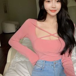 Knitted T Shirt Women's Spring Summer Tops Thin Cross Square Neck Sexy Tight Short Bottomed TShirt Pink Long Sleeve Tees QY74 210603