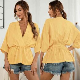 Summer Solid Deep V-Neck Sexy Top Blouse Women Casual Loose Pullover 3/4 Sleeve Elastic Waist Yellow Shirts Femme Blusas 210517
