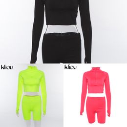 Kliou New Female Fluorescence Fitness Two Pieces Sets Autumn Full Sleeve Zipper Turtleneck Tops And High Waist Shorts Suits X0428