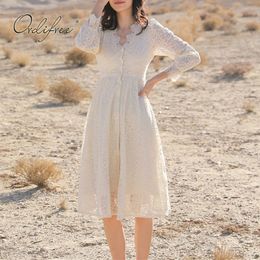 Summer Vintage Women White Lace Single Breasted Embroidery Tunic Beach Dress 210415