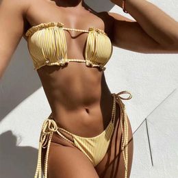 Women's Swimwear Bandeau Bikini Pleated Stripe Printed Set Swimsuit Stitching Color Low Waist Mini Beach Thong Strings Women 00