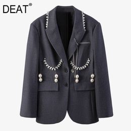 [DEAT] Pearl Decoration Silhouette Grey Suit Medium Length Single Breasted Coat Women New Fashion Tide Spriong GX39 210428